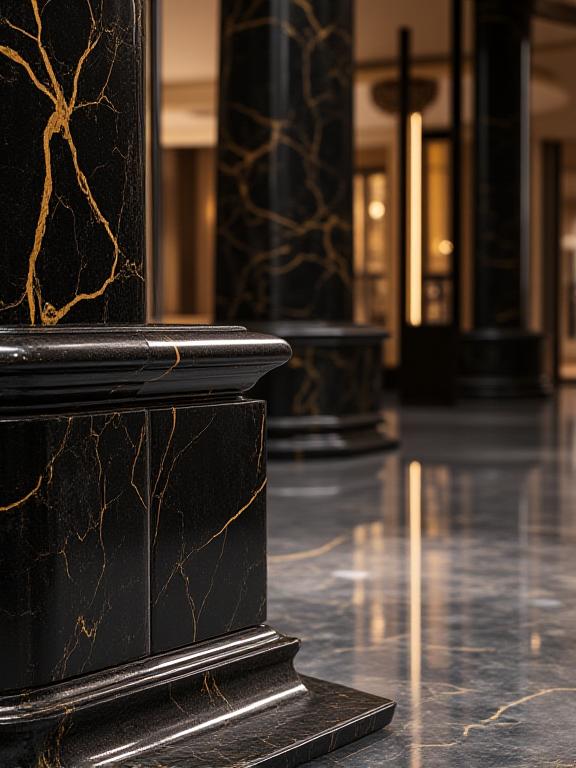Dettaglio architettonico in marmo nero e oro nella lobby dell'hotel Riflesso Nero, simbolo di eleganza.