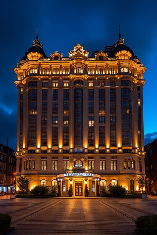 Facciata esterna dell'hotel illuminata di notte.